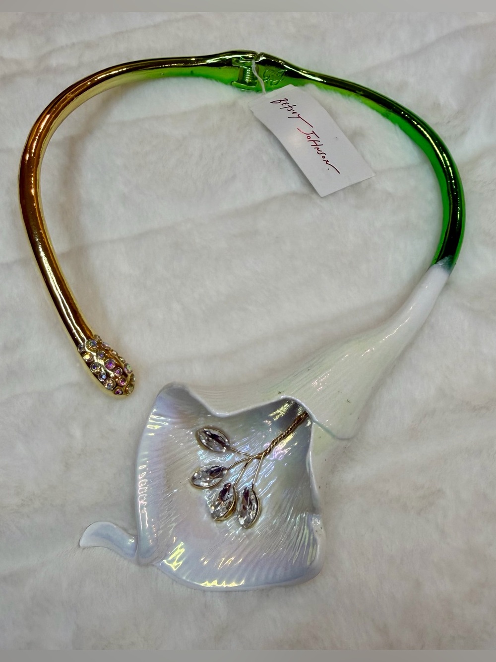 Betsey Johnson White Iridescent Calla Lily Choker with Gold Stem